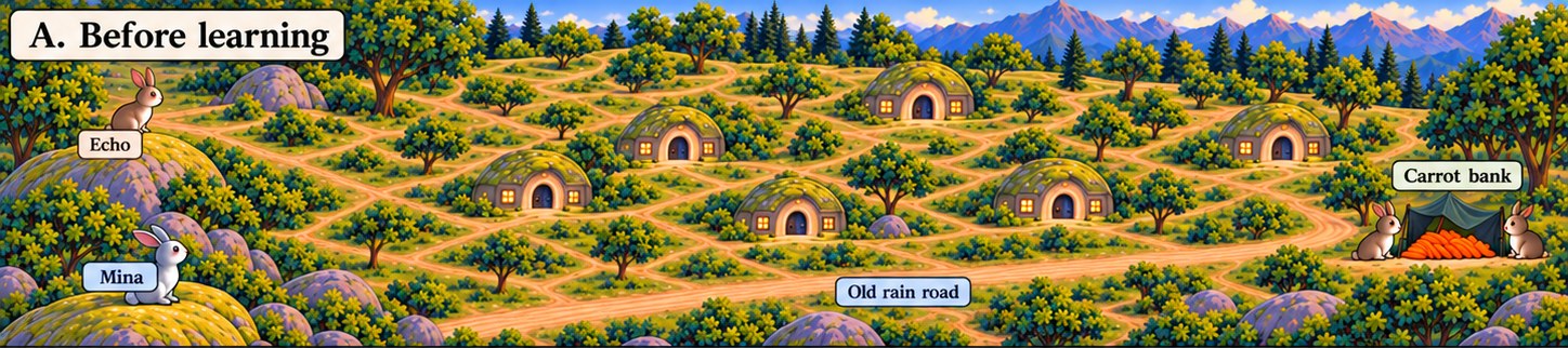 Panel A, Before learning: a green valley dotted with round burrow houses and crossed by many faint dirt trails. On the left, Echo the brown rabbit sits on the higher hill and Mina the white rabbit on the lower one. A wide trail labeled "Old rain road" runs from Mina's hill to the carrot bank on the right, where two guard rabbits stand beside a pile of carrots under a green cover.