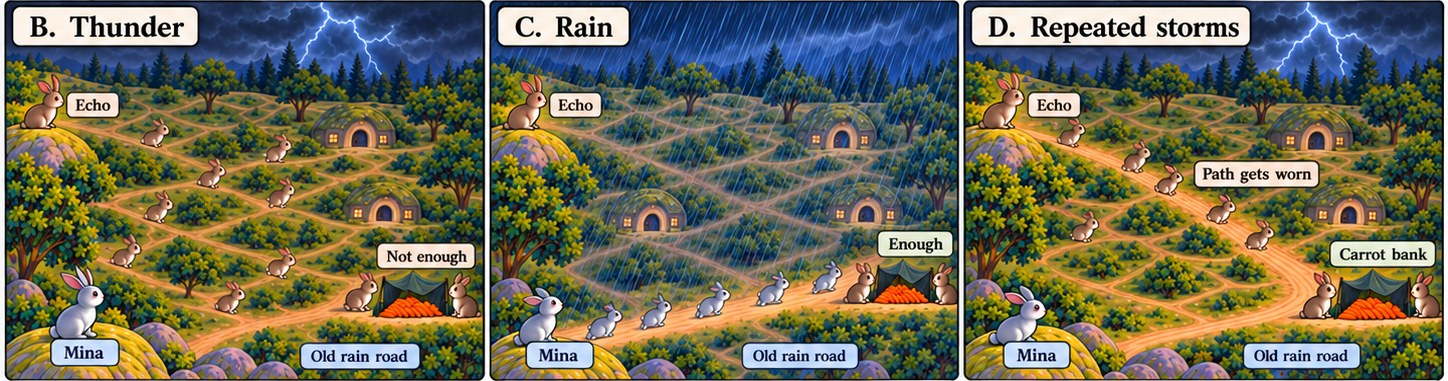 Three panels. B, Thunder: lightning over the valley; Echo's messengers scatter along many faint trails, and only a few reach the carrot bank, labeled "Not enough." C, Rain: heavy rain; Mina's messengers run in a line down the old rain road to the carrot bank, labeled "Enough." D, Repeated storms: lightning again; Echo's messengers follow one trail that is becoming a road toward the carrot bank, labeled "Path gets worn."