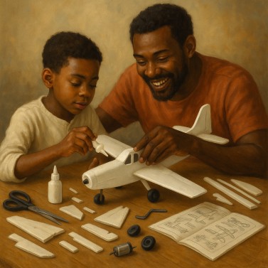 A father and his young son building a white model airplane at a wooden table covered with parts, glue, scissors and an instruction booklet.