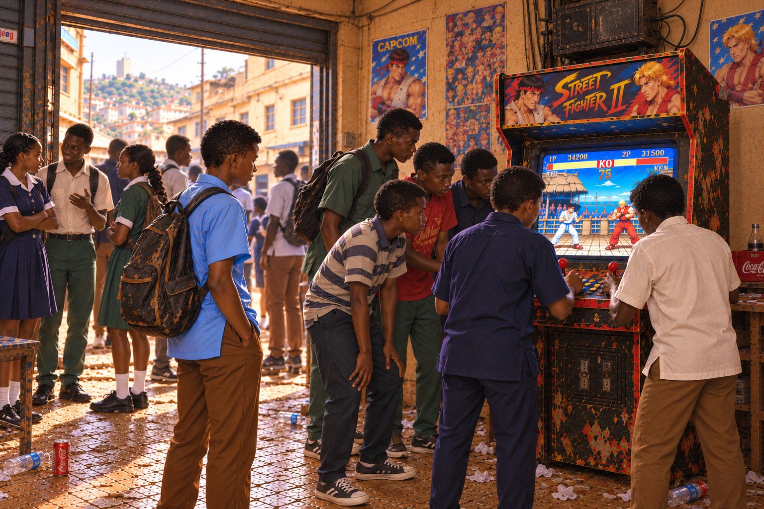 A teenager with an untucked light-blue school shirt and backpack watches two boys playing Street Fighter II in a busy neighborhood arcade in Cameroon.