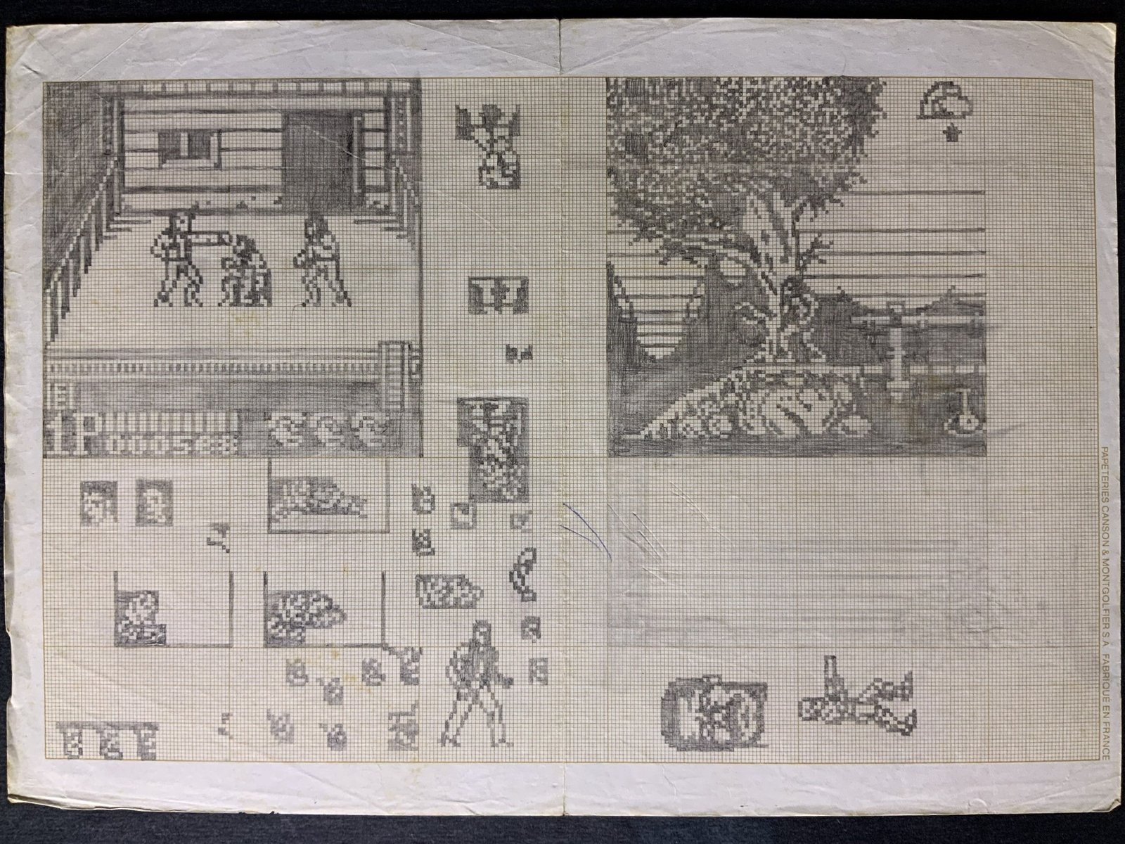 An original page of scene and background studies, character drawings, and architectural details.