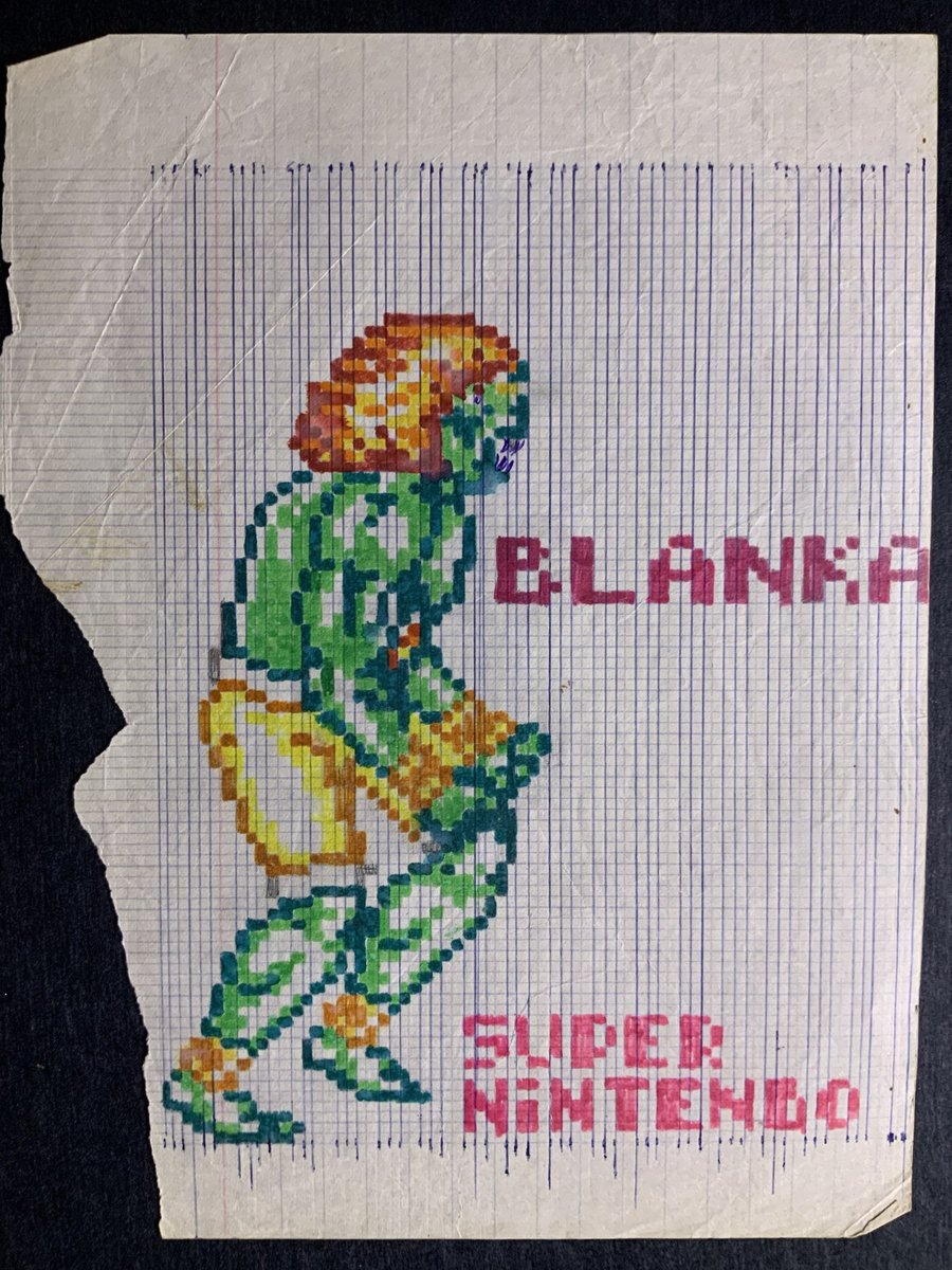 A surviving color drawing of Blanka on lined paper, with visible individual colored squares.