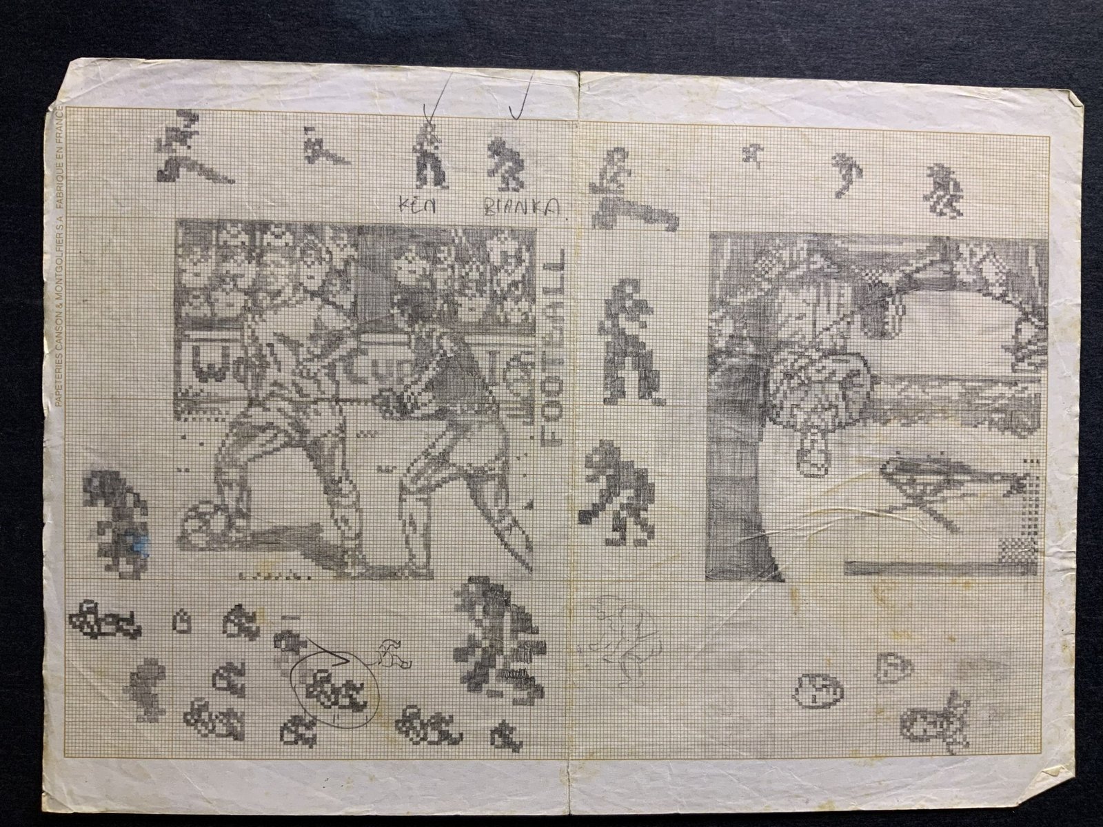 An original childhood page mixing fighting-game character sketches, small sprites, and studies of scenes from different games.