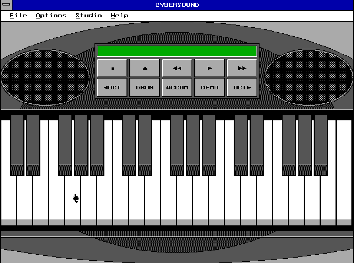 Screenshot of Cybersound, my MS-DOS music application, with an on-screen piano and controls.