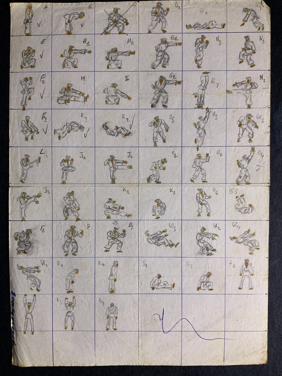 An original childhood sheet of many hand-drawn fighter poses arranged in a grid, showing different movements and actions.
