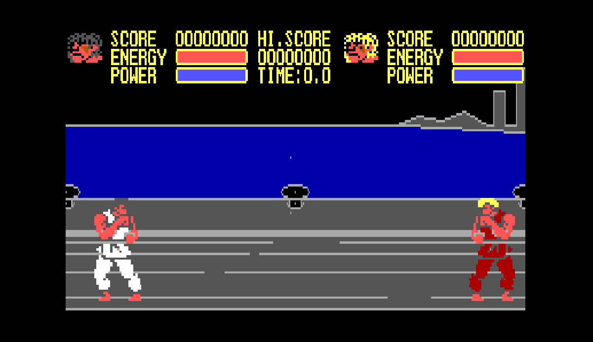 Screenshot from Karate, the unfinished fighting game, with two fighters, a stage, and score and energy displays.