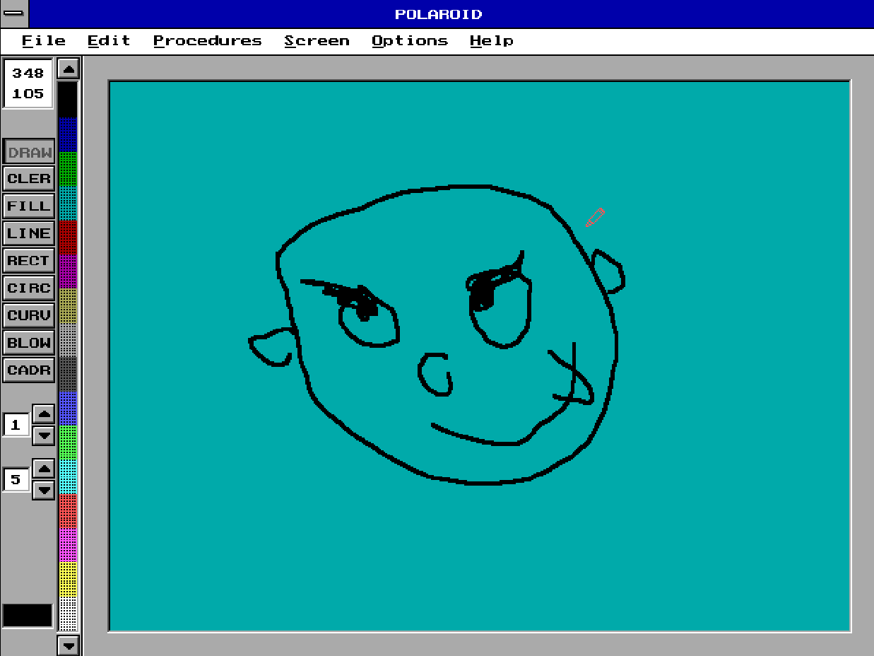 Screenshot of Polaroid, my MS-DOS drawing application, showing drawing tools and a picture on its canvas.