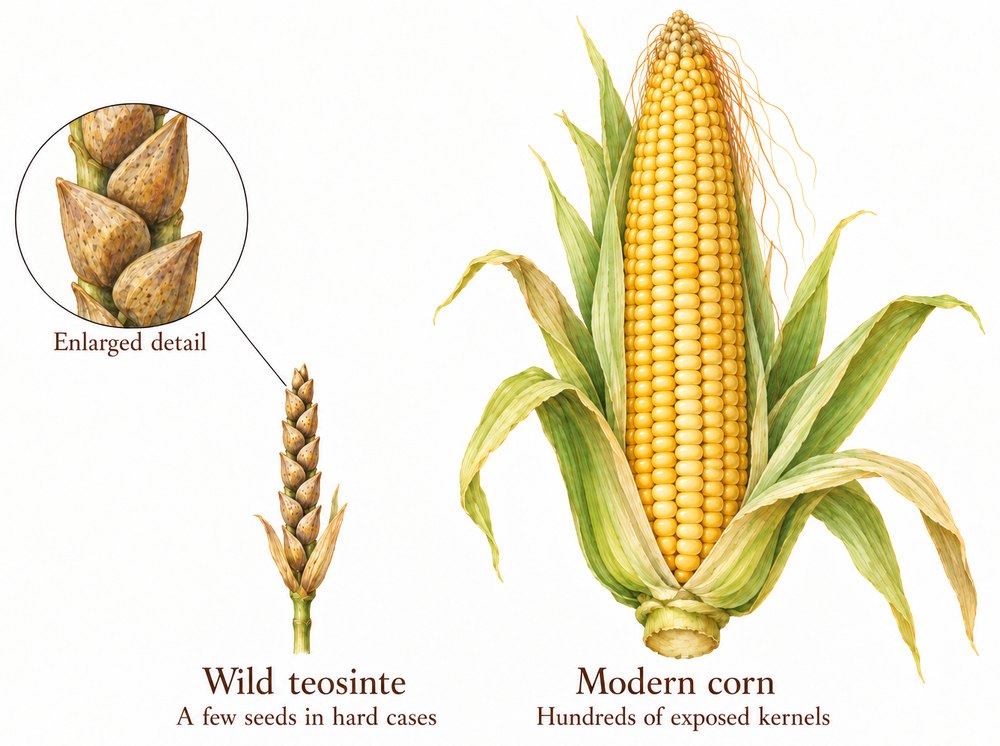 Wild teosinte, a short thin spike with a few seeds in hard cases (shown enlarged in a circle), next to a modern corn cob in its husk with hundreds of exposed yellow kernels.