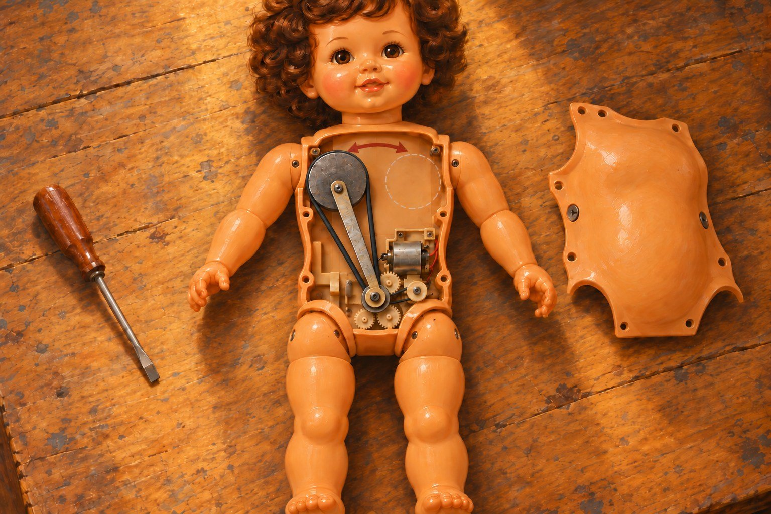 The doll lying open on a wooden desk, its front shell set aside. Inside: a small electric motor, gears, and a long black belt running up to a heavy metal disk mounted at the top of a swinging arm. A screwdriver lies nearby.