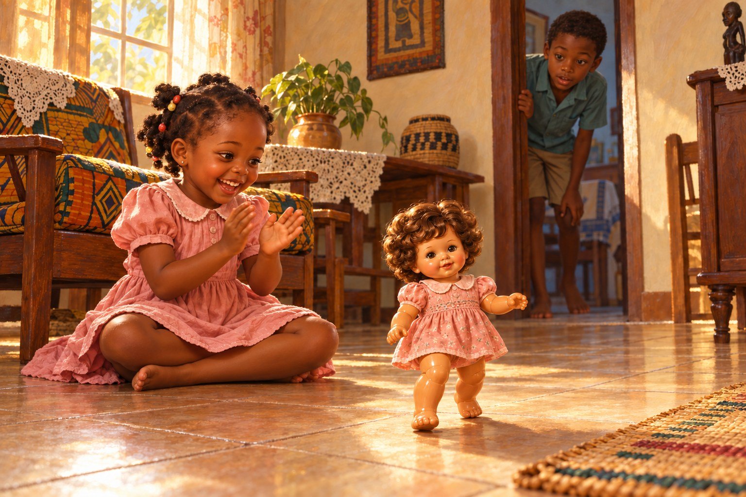 A little girl sits on a tiled floor, laughing and clapping, as a curly-haired doll in a pink dress walks beside her. In the doorway behind them, her older brother leans forward, staring at the doll with wide, curious eyes.
