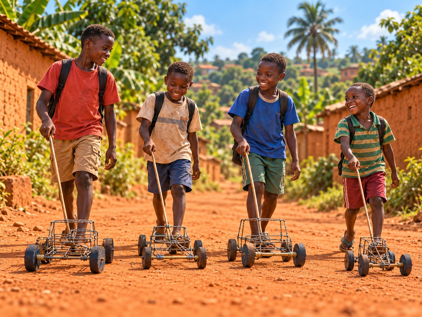 Four boys walking along a red-earth road, each guiding a handmade wire car with a long wooden stick.