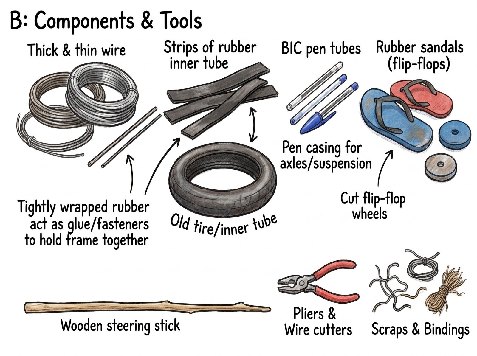 The materials used to build the car: wire, inner-tube rubber, BIC pen tubes, old flip-flops, a wooden stick, and simple tools.