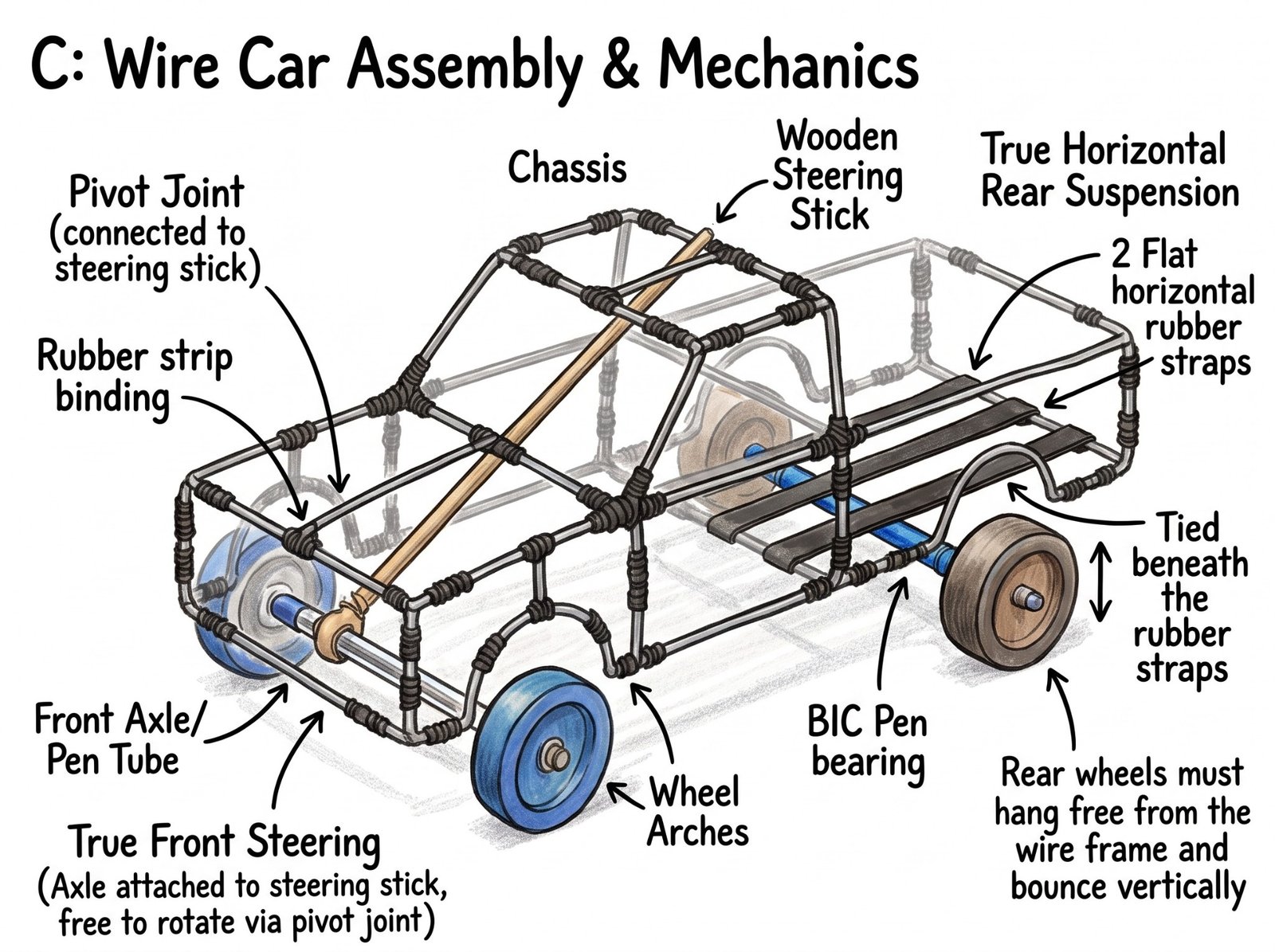 An illustrated mechanical view of the wire car, showing the pivoting front steering axle, hollow pen-tube bearings, wire chassis, and rear suspension supported by two flat horizontal rubber strips.